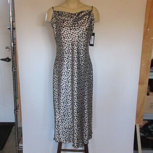 BEBE Satin Bias Cowl Neck Midi Dress Womens M Black White Silver Floral Slip NWT